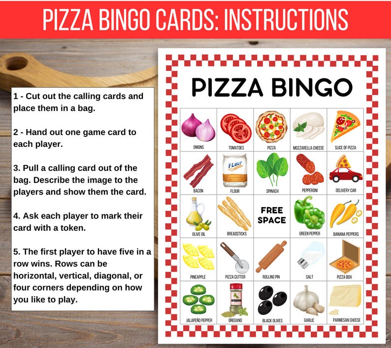 Pizza Bingo, Pizza Party Bingo, 50 Printable Pizza Bingo Cards, Pizza Game, Pizza Activity, Kid's Printable Bingo Game, Pizza Birthday Game