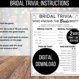 Puede incluir: Un juego de trivia de la novia imprimible con instrucciones sobre c&oacute;mo jugar. El juego incluye preguntas sobre los datos personales de la novia, sus cosas favoritas y si alguna vez ha hecho ciertas cosas. El juego est&aacute; disponible en dos tama&ntilde;os, imprime uno o dos por p&aacute;gina. El juego es una descarga digital.