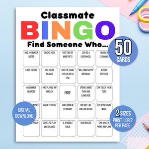 Bingo compañero de clase, Conócete bingo, Encuentra a alguien que bingo, Encuentra el bingo invitado, Bingo rompehielos, Juego rompehielos, Juego de regreso a la escuela
