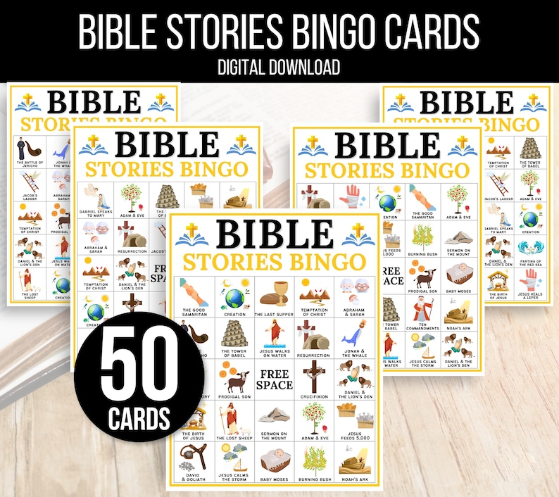 Bible Bingo, Bible Stories Bingo, 50 Bible Bingo Cards, Bible Activity For Kids, Bible Activity, Sunday School Bingo,  Bible Stories Game