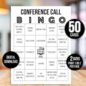 Bingo par conférence téléphonique, 50 cartes de jeu de bingo par conférence téléphonique, Jeu de conférence téléphonique, Bingo Google Meet, Bingo par téléphone professionnel, Tableaux de bingo Zoom