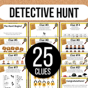 May include: A collection of 25 detective hunt clues printed on cards, with magnifying glasses and evidence files. The cards feature various puzzles and riddles, with the title "DETECTIVE HUNT" at the top.