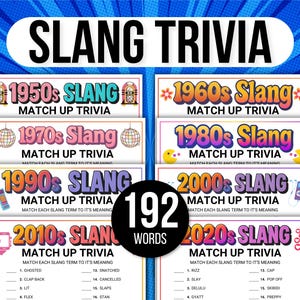 Paquete de juegos Slang by the Decades, juegos de trivia de la década, set de juegos de trivia de la década, noche de juegos en familia, concursos de trivia, trivia de bar