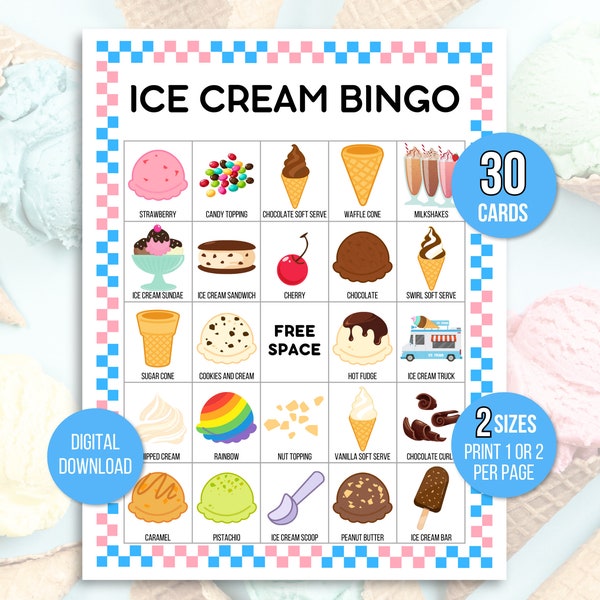 Ice Cream Bingo, 30 Printable Ice Cream Bingo Cards, Ice Cream Birthday, Ice Cream Party Game, Ice Cream Birthday Party, Ice Cream Printable