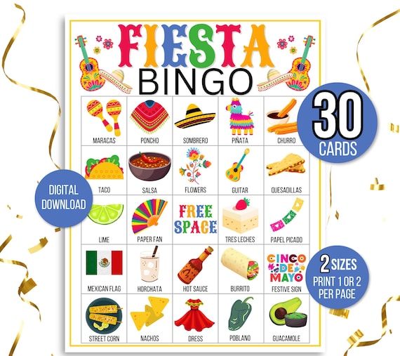 Fiesta Bingo, 30 Printable Fiesta Bingo Cards, Fiesta Activity For Kids, Kids Fiesta Party Game, Cinco De Mayo Classroom Activity for Kids