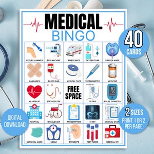 Bingo médico, 40 tarjetas de bingo médico imprimibles, bingo de médicos, bingo de enfermeras, juego de fiesta de graduación de enfermeras, juego de jubilación de enfermeras, juego de médicos