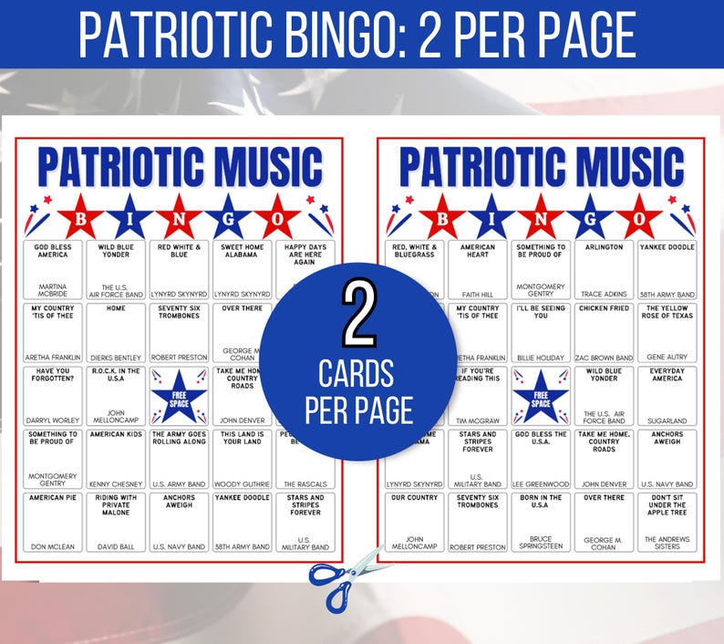 Music Bingo, Patriotic Music Bingo, Fourth of July Bingo Cards, Patriotic Bingo, Independence Day Bingo, 4th of July Game, Veterans Bingo