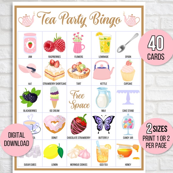 Tea Party Bingo, 40 Unique Printable Tea Party Bingo Cards, Tea Party Game, Tea Party Activity, Birthday or Bridal Shower Bingo, Gold