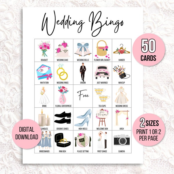 Wedding Bingo Cards, 50 Wedding Bingo Game Cards, Bridal Shower Bingo Game, Wedding Game Idea,  Wedding Reception Game, Couple's Bingo Game