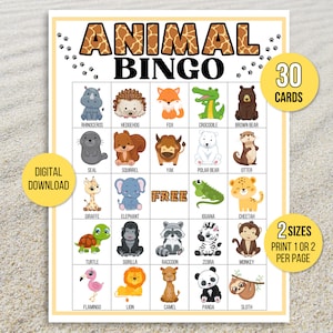 Dierenbingo, 30 afdrukbare dierenbingokaarten, dierenfeestspel, dierenactiviteit, dierenverjaardagsbingo, dierenspel, dierentuinbingo, dierentuinspel