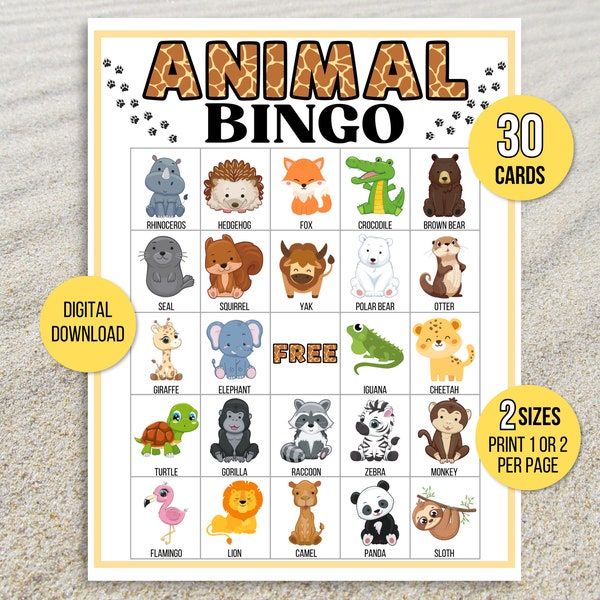 Animal Bingo, 30 Printable Animal Bingo Cards, Animal Party Game, Animal Activity, Animal Birthday Bingo, Animal Game, Zoo Bingo, Zoo Game