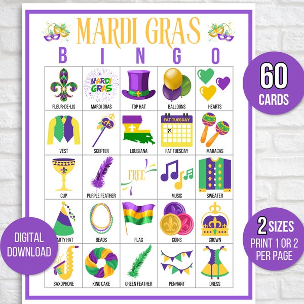 Mardi Gras Bingo, 60 Mardi Gras Bingo Cards, Mardi Gras Game, Mardi Gras Party Game, Mardi Gras Activity, Mardi Gras Game, Mardi Gras Fun