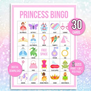 Prinsesbingo, 30 afdrukbare prinsesbingokaarten, prinses verjaardag, prinsessenfeestspel, prinses verjaardagsfeestje, prinses afdrukbaar