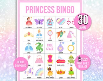 Princess Bingo, 30 Printable Princess Bingo Cards, Princess Birthday ...