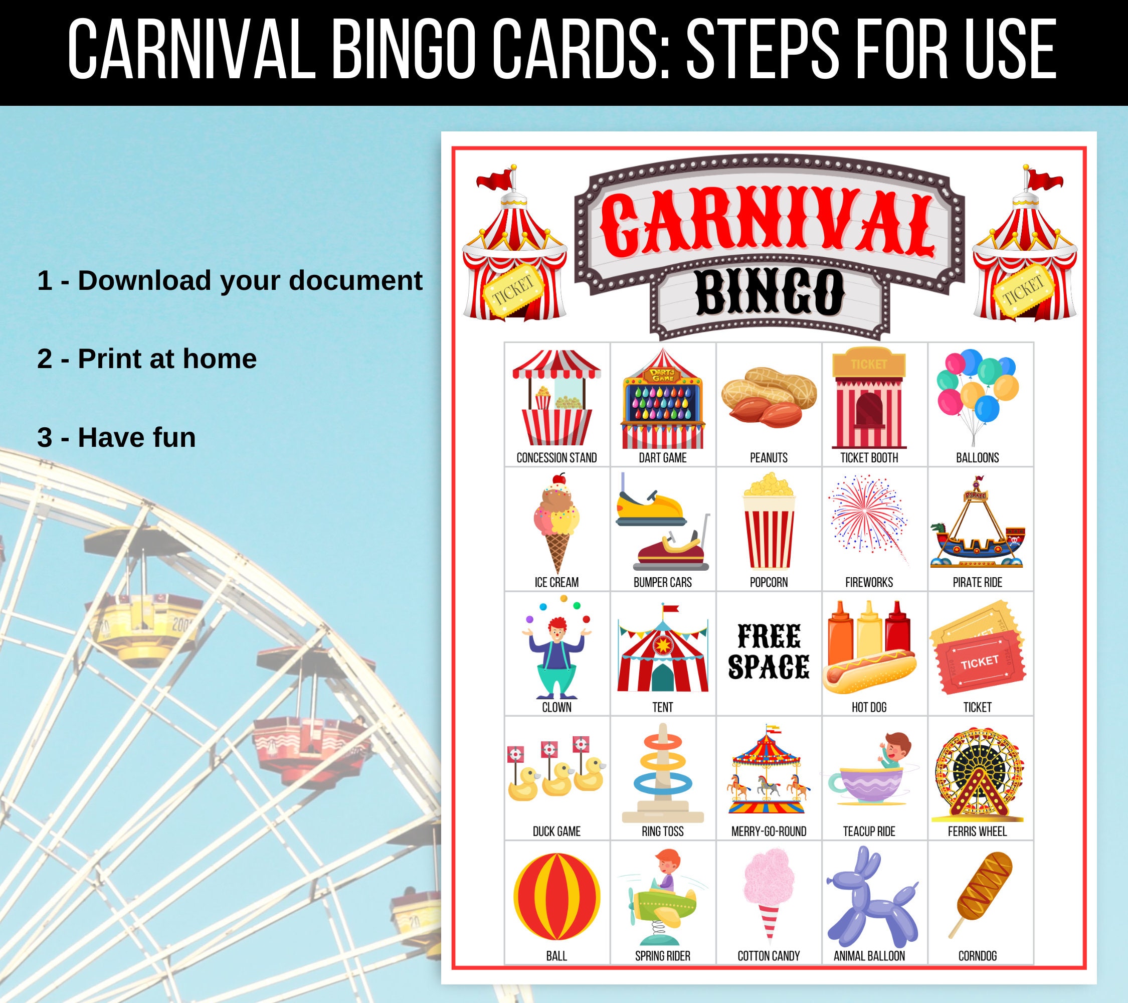Carnival Bingo, Carnival Game, Carnival Party Activity, Carnival ...