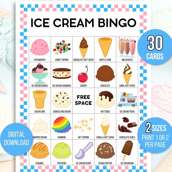 Ice Cream Bingo, 30 Printable Ice Cream Bingo Cards, Ice Cream Birthday, Ice Cream Party Game, Ice Cream Birthday Party, Ice Cream Printable