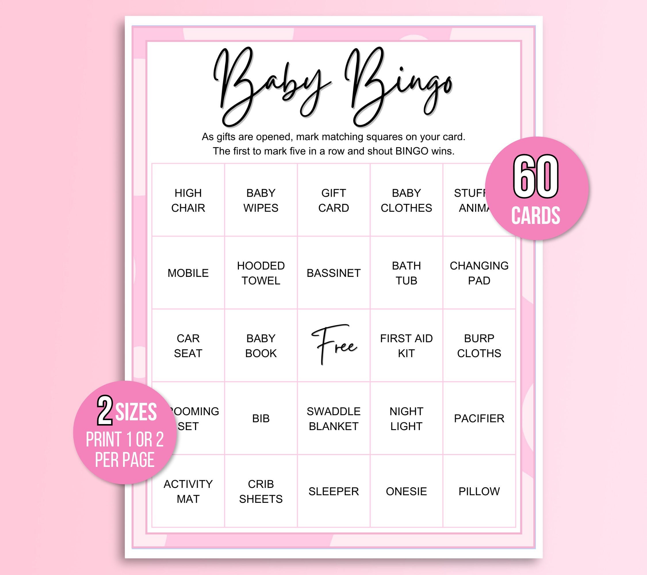 60 Baby Girl Bingo Cards, Baby Girl Bingo Game Cards, Baby Gift Bingo ...