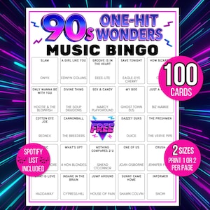 Puede incluir: Un colorido juego de bingo musical de los 90 con un fondo de ne&oacute;n. El juego incluye 100 cartas y una lista de reproducci&oacute;n de Spotify. El texto en el tablero del juego incluye t&iacute;tulos de canciones y nombres de artistas de los a&ntilde;os 90.