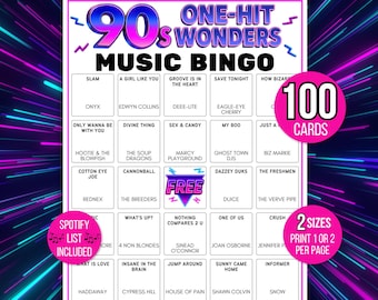 Bingo musical de los 90, Bingo de canciones de los 90, Bingo retro de los 90, Cartones de bingo de 100 éxitos de los 90, Juego de los 90, Actividad de los 90, Lista de Spotify de los 90, Música de los 90