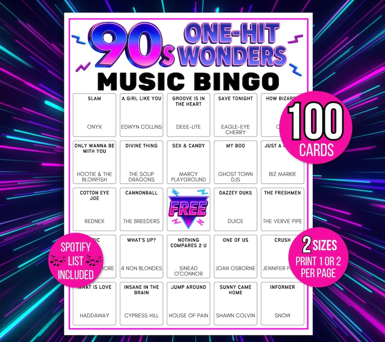 Puede incluir: Un colorido juego de bingo musical de los 90 con un fondo de ne&oacute;n. El juego incluye 100 cartas y una lista de reproducci&oacute;n de Spotify. El texto en el tablero del juego incluye t&iacute;tulos de canciones y nombres de artistas de los a&ntilde;os 90.