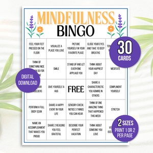 Bingo de atención plena, 30 cartones de bingo de atención plena, Bingo de gratitud, Actividad de atención plena, Juego de atención plena, Actividad de asesoramiento, Juego de asesoramiento
