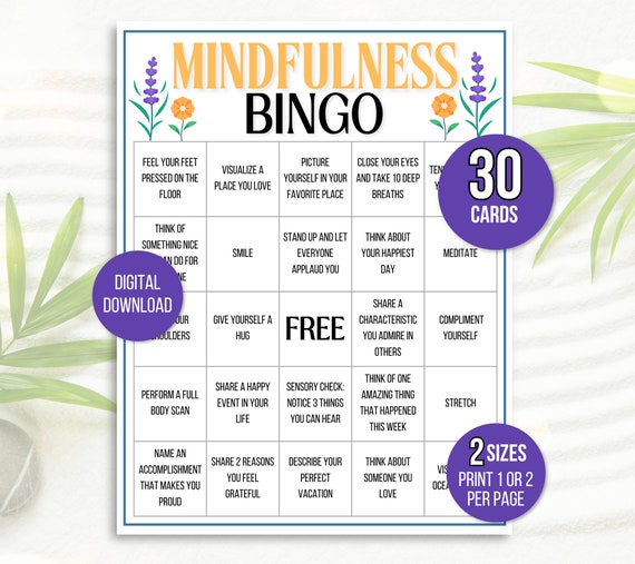 Mindfulness Bingo, 30 Mindfulness Bingo Cards, Gratitude Bingo, Mindfulness Activity, Mindfulness Game, Counseling Activity, Counseling Game