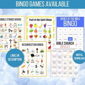 May include: A set of printable bingo cards with a Christian theme. The cards feature different themes such as Bible stories, fruit of the spirit, books of the bible, and resurrection. The cards are colorful and have a fun, playful design.