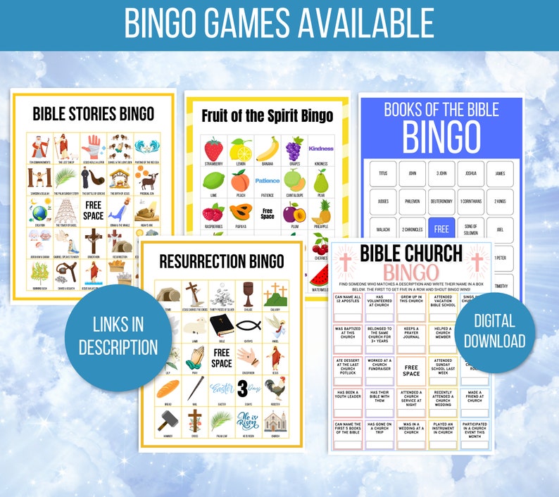 May include: A set of printable bingo cards with a Christian theme. The cards feature different themes such as Bible stories, fruit of the spirit, books of the bible, and resurrection. The cards are colorful and have a fun, playful design.