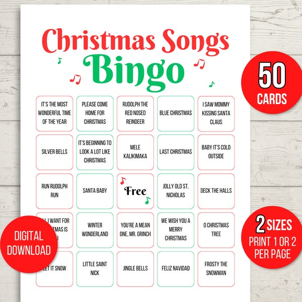 Christmas Song Bingo, 50 Printable Christmas Song Bingo Cards, Christmas Music Bingo, Christmas Bingo, Christmas Party Game, Holiday Bingo