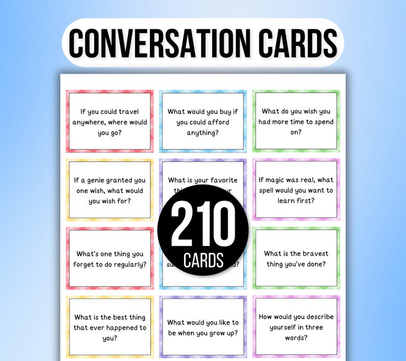 210 Conversation Cards, Conversation Starters, Road Trip Conversation Cards, Family Conversation Starter Cards, Icebreaker Game, Dinner Card