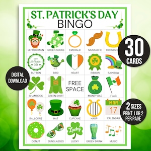 Könnte beinhalten: Eine druckbare St. Patrick's Day Bingo-Karte mit 30 Karten im Lieferumfang enthalten. Die Karte zeigt Bilder von Kleeblättern, Kobolden, grünen Socken, einem Regenbogen, einer Harfe, einem grünen Hemd, einem Cupcake, einem grünen Getränk, einem Glückskleeblatt, einem Geldbeutel, einer Flagge, einem Herzen, einem Knopf, einem Vogel, einem Band, einem Hufeisen, einem Schnurrbart, einem Donut, einer Sonnenbrille, einem Hut, Ballons und einem Kalender mit dem Datum 17. März.
