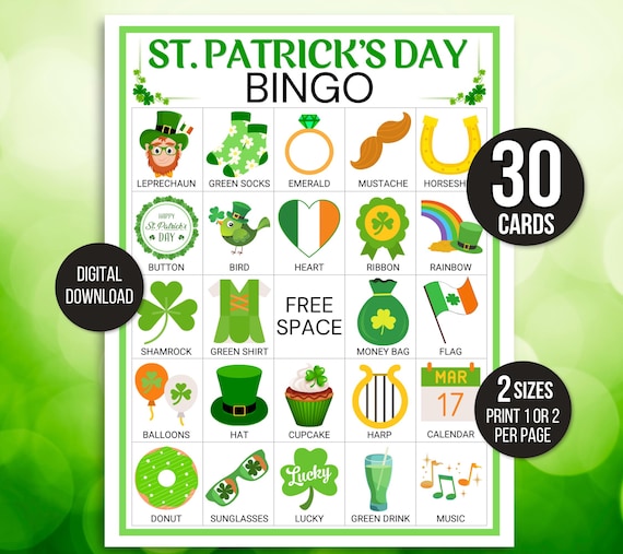 St. Patrick's Day Bingo, 30 St. Patrick's Bingo Cards, St. Patrick's Day Game, St. Paddy's Game for Kids, St. Patrick's Day Party Game