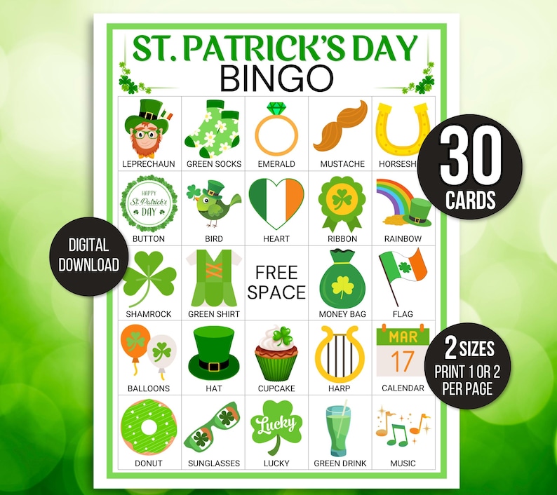 St. Patrick's Day Bingo, 30 St. Patrick's Bingo Cards, St. Patrick's Day Game, St. Paddy's Game for Kids, St. Patrick's Day Party Game