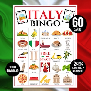 Bingo de Italia, 60 cartones de bingo de viaje por Italia, Bingo de viaje, Bingo italiano, Juego de viaje, Actividad de viaje, Juego de fiesta en Italia, Actividad de Italia
