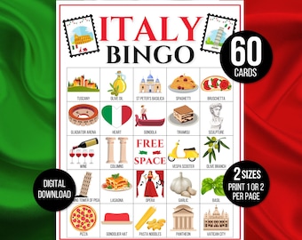 Italy Bingo, 60 Italy Travel Bingo Cards, Travel Bingo, Italian Bingo, Travel Game, Travel Activity, Italy Party Game, Italy Activity