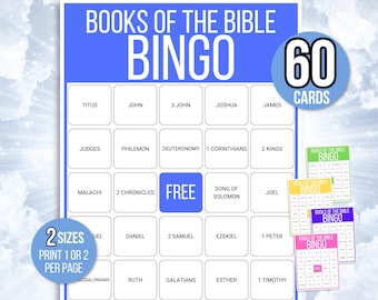 Bibelböckerbingo, Bibelbingo, 60 bibelbingokort, bibelaktivitet för barn, bibelaktivitet, söndagsskolebingo, bibelspel