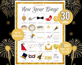New Year's Bingo, 30 Happy New Year's Eve Bingo Cards, New Year's Activity For Kids, New Year's Party Game, New Year's Classroom Activity