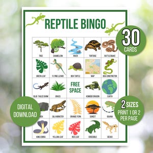 Reptielenbingo, 30 afdrukbare reptielenbingokaarten, reptielenfeestspel, reptielenverjaardagsbingo, reptielenverjaardag, junglebingo, junglespel