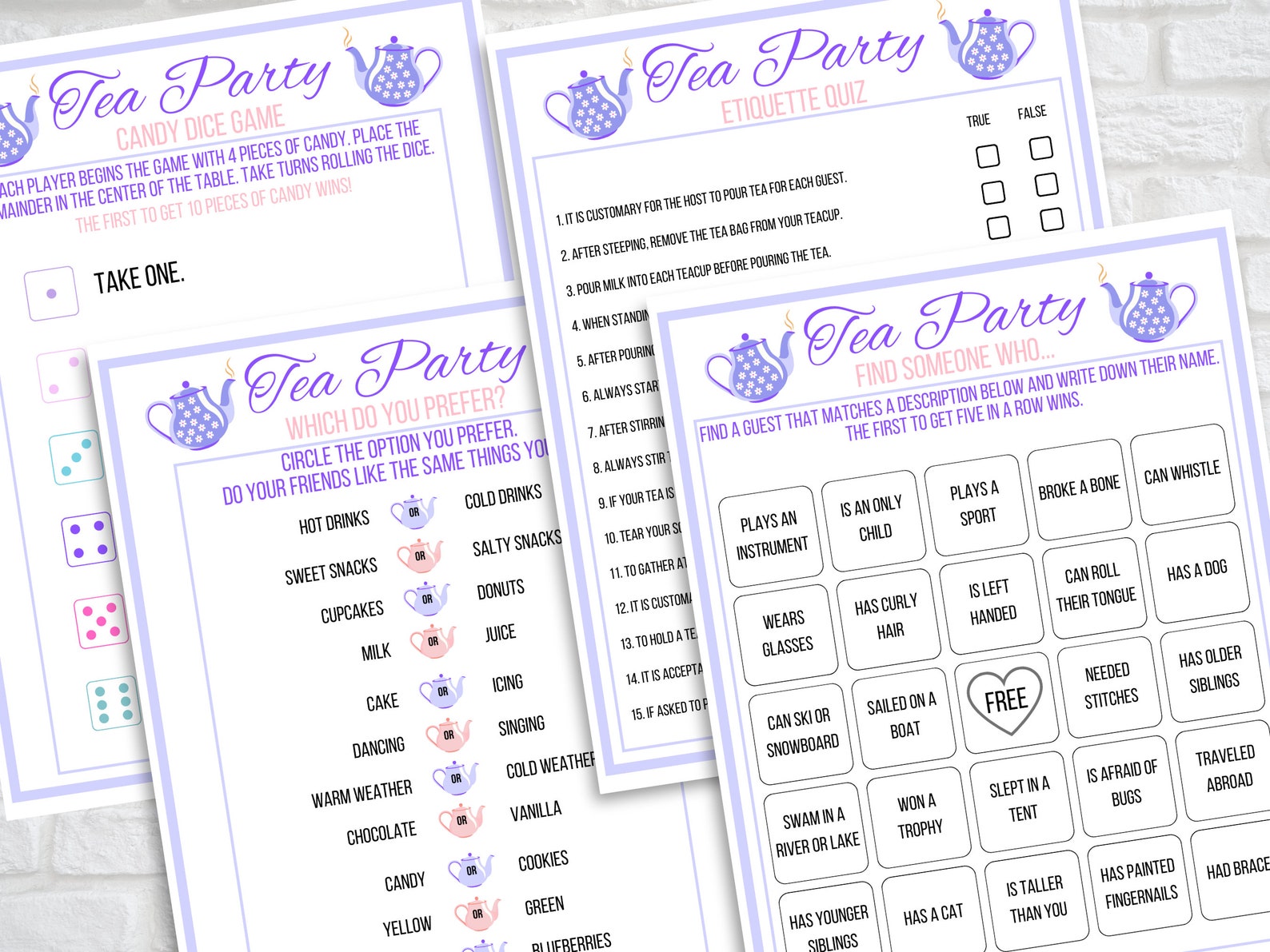 Tea Party Games Printable, Tea Party Activities, Girls Tea Party Games ...