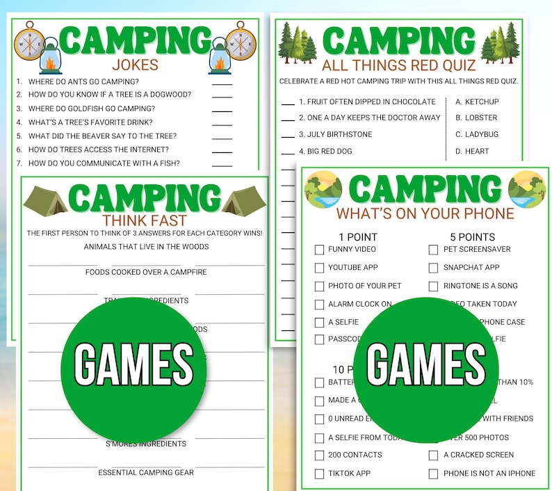Camping Games, Camping Party Games, Camping Activities, Camping Games for Kids, Camping Printable, Camping Activities, Camping Games Bundle