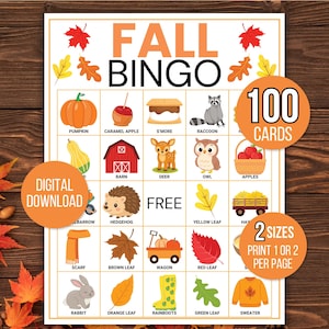 Fall Bingo, 100 Fall Bingo Cards, Fall Picture Bingo, Autumn Bingo, Autumn Activity, Kids Autumn Game, Fall Classroom Activity, Fall Game