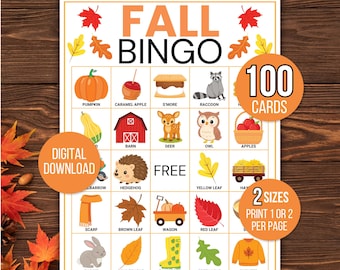 Fall Bingo, 100 Fall Bingo Cards, Fall Picture Bingo, Autumn Bingo, Autumn Activity, Kids Autumn Game, Fall Classroom Activity, Fall Game