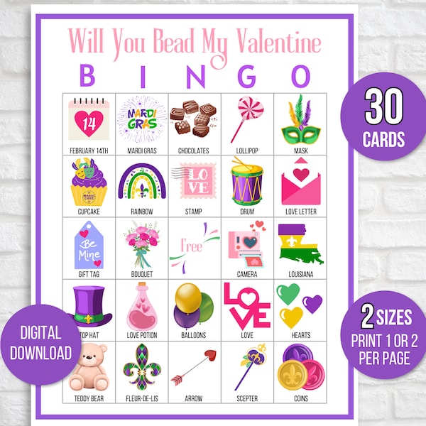 Mardi Gras Bingo, Valentine's Day Bingo, 30 Mardi Gras Valentine's Bingo Cards, Mardi Gras Game, Mardi Gras Party Game, Mardi Gras Activity