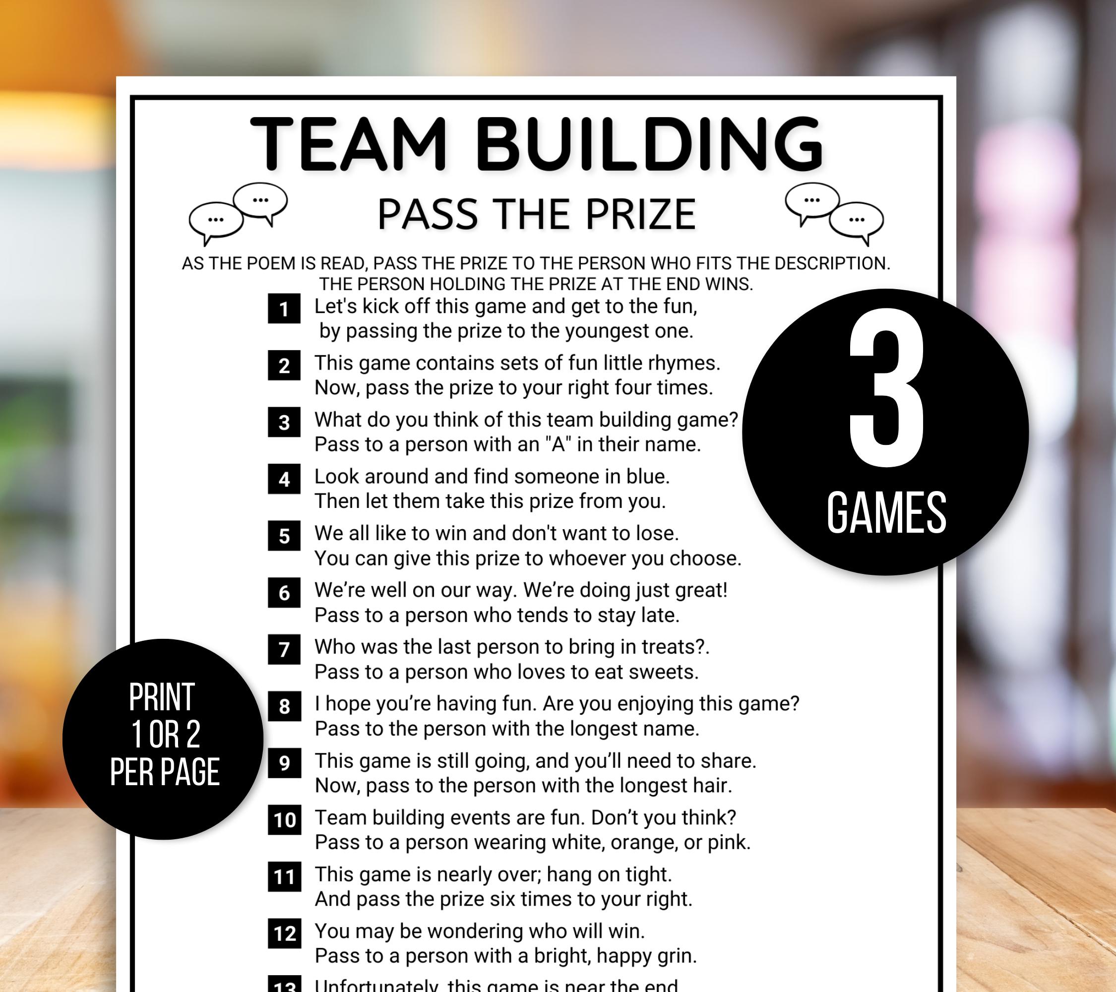 Office Games, Team Building Games, Team Building Pass the Prize Game, Coworker Games, Happy Hour Office Party, Printable Team Building Game