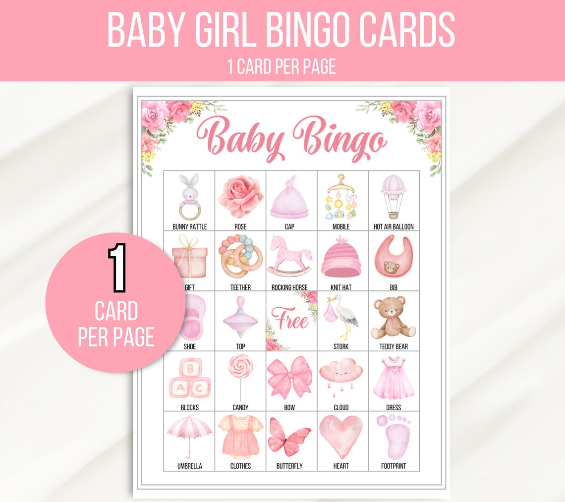 Baby Girl Bingo, 50 Baby Shower Bingo Cards, Baby Girl Shower Printable ...