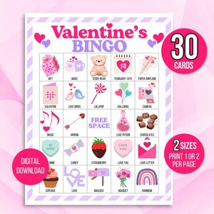 Valentinstag Bingo, 30 Valentinstag Bingokarten, Valentinstag Aktivität, Valentinstag Partyspiel für Kinder, Valentinstag Klassenzimmer Aktivität