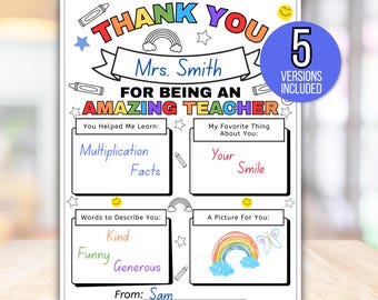Teacher Appreciation Printable, Teacher Appreciation Gift, Teacher Thank You, All About Teacher Fill in Blank Printable, Teacher Thank You
