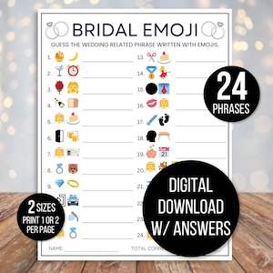 May include: A printable bridal shower game with 24 emoji phrases to guess. The game is titled "Bridal Emoji" and includes the text "Guess the wedding related phrase written with emojis". The game is available as a digital download with answers.