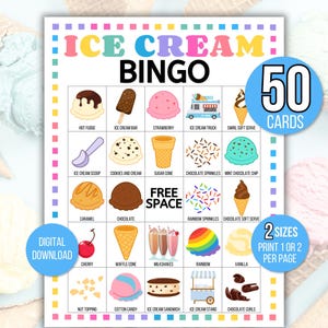 Bingo del gelato, 50 schede del bingo del gelato stampabili, compleanno del gelato, gioco della festa del gelato, festa di compleanno del gelato, stampabile del gelato