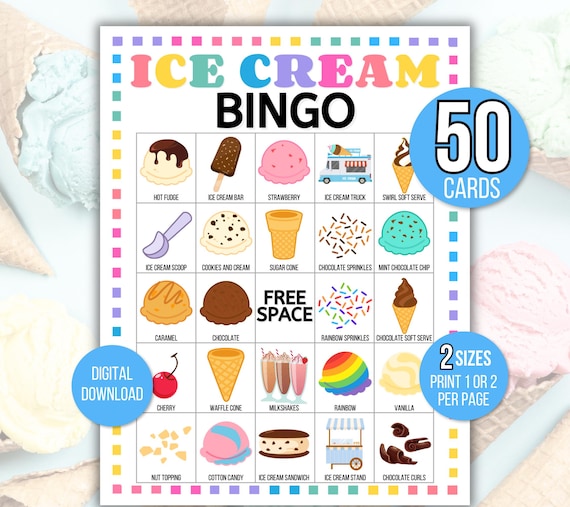 Ice Cream Bingo, 50 Printable Ice Cream Bingo Cards, Ice Cream Birthday, Ice Cream Party Game, Ice Cream Birthday Party, Ice Cream Printable